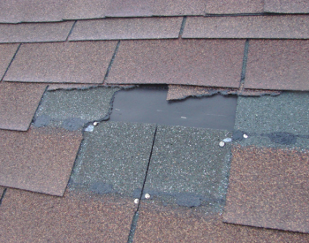 Close-up of damaged roofing shingles needing repairservices in Kent